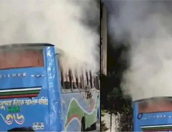 রাজধানীতে বিস্ফোরণ, এবার থানার সামনে বাসে আগুন